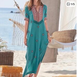 Sundance Tropical Dreams Teal Embroidered Maxi Dress with Tassel Trim Pockets L